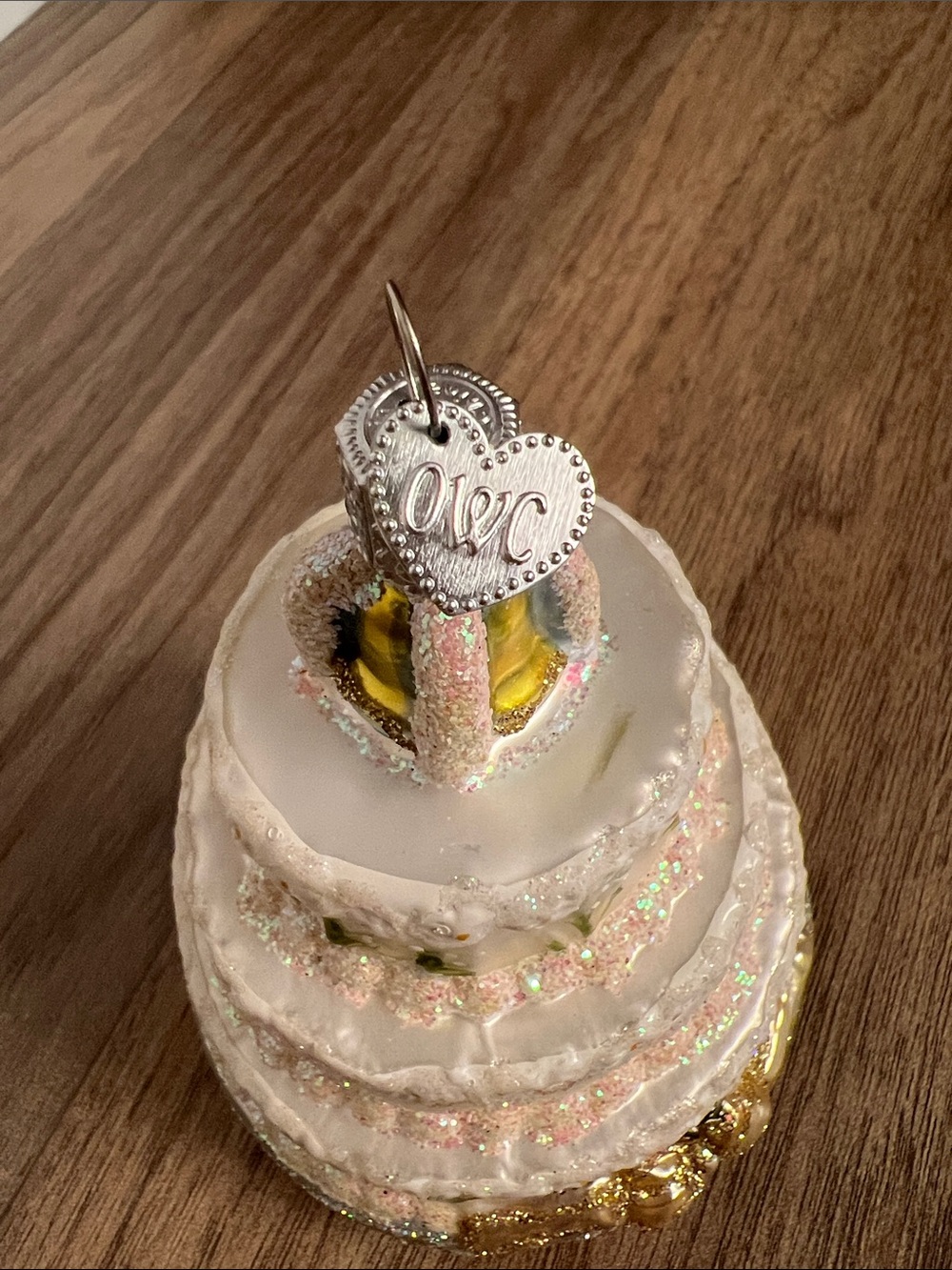 White and Gold Tiered Cake Holiday Ornament with Iridescent Glitter - Picture 2 of 5